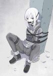  1girl ankle_cuffs bit_gag bound chain character_request copyright_request cuffs gag gagged grey_eyes grey_jacket grey_pants highres jacket low_ponytail pale_skin pants ponytail pouch raftetram rope shackles sitting solo sweatdrop tied_up_(nonsexual) white_hair 