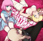  1boy 2girls black_pants black_shirt blonde_hair blue_eyes blue_sailor_collar blue_serafuku bob_cut bracelet breasts brown_eyes brown_hair catherine:_full_body catherine_(atlus_character) catherine_(game) choker cleavage crossdressing dress glasses green_eyes hand_on_own_face hand_on_own_stomach heart hoshi_(star-name2000) jewelry katherine_mcbride long_hair looking_at_viewer multiple_girls necktie pants pink_background pink_hair red_ribbon resting ribbon rin_(catherine) sailor_collar school_uniform serafuku shirt short_dress short_hair short_twintails sitting thighhighs twintails white_choker white_dress white_necktie white_thighhighs 
