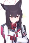  1girl absurdres animal_ears asuparuch backpack bag black_hair blue_archive blush fox_ears fox_platoon_(blue_archive) gloves halo highres long_hair looking_at_viewer open_mouth red_eyes red_gloves red_halo school_uniform serafuku simple_background solo star_(symbol) upper_body white_background yukino_(blue_archive) 