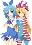  american_flag_dress american_flag_legwear blonde_hair blue_dress blue_eyes blue_hair blush cirno clownpiece crossed_arms dress hair_ornament hair_ribbon hat jester_cap long_hair maccha multiple_girls no_wings one_eye_closed open_mouth pantyhose print_legwear puffy_sleeves red_eyes ribbon short_hair short_sleeves shoulder-to-shoulder simple_background smile star striped striped_dress touhou v white_background 