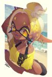 1girl arm_up blonde_hair blue_eyes border bra_strap breasts cleavage collarbone colored_extremities colored_eyelashes colored_tongue commentary_request cross-shaped_pupils dark-skinned_female dark_skin earrings fang frye_(splatoon) frye_(splatoon_raiders) inkling isamu-ki_(yuuki) jewelry long_eyelashes long_pointy_ears looking_at_viewer lower_teeth_only multicolored_eyes multicolored_hair off-shoulder_shirt off_shoulder official_alternate_costume open_mouth orange_pupils parted_bangs pointy_ears ponytail purple_hair purple_tongue shirt short_hair short_ponytail short_sleeves solo splatoon_(series) splatoon_raiders symbol-shaped_pupils teeth tentacle_hair two-tone_eyes white_border yellow_eyes yellow_shirt 