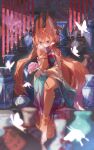  1girl animal_ear_fluff animal_ears aqua_dress aqua_sleeves bare_shoulders bead_bracelet beads bracelet brown_eyes bug butterfly closed_mouth detached_sleeves dress facing_viewer flower fox_ears fox_girl fox_tail full_body furry furry_female gradient_clothes gradient_dress gradient_sleeves green_eyes hair_between_eyes hand_on_own_face head_rest highres holding holding_flower jewelry kawarage_yatano long_hair looking_at_viewer multicolored_eyes orange_fur orange_hair orange_sleeves original patterned_clothing pink_flower red_dress red_ribbon ribbon sidelocks sitting solo tail too_many too_many_butterflies two-tone_eyes two-tone_fur vase very_long_hair white_fur 