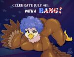 4th_of_july accipitrid accipitriform american_eagle anthro ass_up avian avian_feet bald_eagle beak big_breasts big_butt bird blue_hair breasts butt eagle eyelashes eyeshadow feathered_arms feathers female hair hi_res holidays looking_at_viewer makeup non-mammal_breasts nude nude_female pinup pose sammfeatblueheart sea_eagle solo tail tail_feathers
