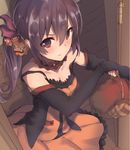  akebono_(kantai_collection) bare_shoulders basket black_gloves breasts brown_eyes brown_hair candy cleavage collar collarbone commentary_request dress dyson_(edaokunnsaikouya) fingerless_gloves food food_themed_hair_ornament gloves glowing hair_between_eyes hair_ornament hair_ribbon halloween indoors jack-o'-lantern jack-o'-lantern_hair_ornament kantai_collection off_shoulder one_side_up open_door orange_dress outstretched_arm pumpkin_hair_ornament ribbon small_breasts solo teardrop tears wavy_mouth wooden_floor 