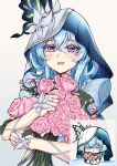  1girl absurdres bad_id bad_twitter_id blue_hair blue_veil bouquet colored_eyelashes commentary derivative_work english_commentary flareza flower hair_between_eyes highres holding holding_bouquet long_hair looking_at_viewer official_art_inset open_mouth pink_flower pink_rose purple_eyes rose shorekeeper_(wuthering_waves) smile solo two-tone_veil upper_body veil white_veil wuthering_waves 