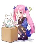  1girl absurdres asymmetrical_legwear black_thighhighs blue_dress carton dress heaven_burns_red highres kunimi_tama kyubey lace_trim long_hair magical_girl mahou_shoujo_madoka_magica mahou_shoujo_madoka_magica_magia_exedra pink_hair puffy_sleeves rinki_oohen solo thighhighs 