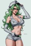  1girl bleach bleach:_sennen_kessen-hen breasts candice_catnipp commentary cowboy_shot crop_top elbow_gloves fingerless_gloves gloves green_eyes green_hair grey_background hand_on_headwear hat highres large_breasts licking_lips long_hair military_hat navel open_mouth patreon_username prixmal short_shorts shorts simple_background solo sternritter stomach thighs tongue tongue_out white_gloves white_shorts 
