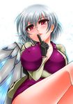  black_gloves blush bottomless breasts covered_nipples dress finger_to_mouth gloves grey_hair highres jacket kishin_sagume large_breasts long_sleeves looking_at_viewer no_bra open_clothes open_jacket out-of-frame_censoring parted_lips purple_dress short_dress short_hair silver_hair single_wing solo thighs touhou wings yazuki_gennojou 