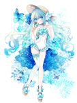  1girl blue_bow blue_butterfly blue_eyes blue_nails blush bow braid breasts bug butterfly clothing_cutout covered_navel dairoku_ryouhei frilled_leotard frills full_body hair_bow hat highres holding holding_ice_cream_cone ice_cream_cone koizumi_ginka leotard long_hair looking_at_viewer platform_sandals royaltea87 sandals side_cutout single_thighhigh small_breasts smile solo standing sun_hat thighhighs very_long_hair white_thighhighs 