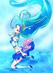  blue_eyes blue_hair boots butt_crack cure_mermaid go!_princess_precure high_heel_boots high_heels kaidou_minami kneeling long_hair looking_back magical_girl makacoon midriff multicolored_hair precure purple_hair solo two-tone_hair very_long_hair 