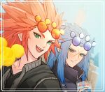 2boys berry black_jacket black_shirt blue_coat blue_hair blue_sky blueberry candy castle coat collarbone commentary_request cross_scar cup day disneyland drink eyewear_on_head food fruit green_eyes hair_slicked_back hand_up high_collar highres holding holding_candy holding_cup holding_drink holding_food holding_lollipop inset_border isa_(kingdom_hearts) jacket kingdom_hearts kingdom_hearts_iii lea_(kingdom_hearts) lollipop long_hair looking_at_viewer male_focus mickey_mouse_(symbol) multiple_boys open_mouth outdoors red_hair scar scar_on_face shirt sky smile spiked_hair squidkid528 sunglasses teeth upper_body v-neck 