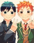  2boys black_hair blazer blue_eyes borrowed_character check_commentary commentary_request eye_contact gakuran highres jacket looking_at_another male_focus multiple_boys necktie orange_eyes orange_hair original red_necktie school_uniform simple_background smile sweater_vest v white_background yukkeroro 