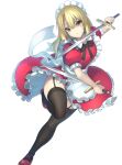  1girl apron black_pantyhose blonde_hair bow commission dress dual_wielding frills highres holding janne_cherry long_hair maid maid_headdress pantyhose pixiv_commission puffy_short_sleeves puffy_sleeves red_dress ribbon short_sleeves solo sword touhou weapon yellow_eyes yumeko_(touhou) 