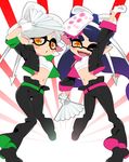  2girls alternate_costume aori_(splatoon) arm_up black_hair cropped_jacket fan fangs folding_fan hotaru_(splatoon) matching_outfit multiple_girls one_eye_closed paper_fan pointy_ears riomario sarashi splatoon_(series) splatoon_1 tentacle_hair white_hair yellow_eyes 