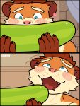  absurdres animal_ears artist_name bearry19 blush choi_yuhee_(xxl) claws cucumber derivative_work drooling english_commentary fangs furry furry_male heart highres looking_at_food looking_up male_focus mouth_drool open_mouth topless_male weasel_boy weasel_ears whiskers xxl_woofia 