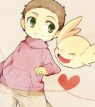  1boy blush brown_background brown_hair closed_eyes digimon digimon_(creature) green_eyes grey_pants heart hida_iori jacket konagonana open_mouth pants purple_jacket short_hair simple_background smile upamon 