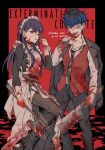  1boy 1girl adjusting_eyewear apron axe black_boots black_border black_collar black_hair black_jacket black_necktie black_pants black_pantyhose black_shirt blood blood_on_axe blood_on_clothes blood_on_face blood_on_gloves blood_on_ground blood_on_weapon blue_hair bonesaw boots border clothes_lift collar commentary earrings english_commentary eye_print eyepatch grey_eyes highres holding holding_axe holding_saw jacket jacket_on_shoulders jewelry konoha_kairi maid multicolored_hair necktie official_alternate_costume omokage_yugamu outside_border pants pantyhose print_eyepatch purple_hair red_background red_eyes red_vest saw shirt shizuhara_hiruko short_hair skirt skirt_lift smile the_hundred_line_-last_defense_academy- twitter_username vest weapon white_apron white_shirt 