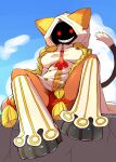 2023 animal_humanoid arc_system_works big_breasts black_tail blazblue blonde_hair blue_sky braided_hair breasts brown_body brown_skin cat_humanoid clothed clothed_female clothed_humanoid clothing cloud day digital_media_(artwork) dipstick_tail felid felid_humanoid feline feline_humanoid female female_humanoid footwear glistening_thighs glowing glowing_eyes hair hi_res hoodie humanoid kaka_(blazblue) leg_warmers legwear looking_at_viewer mammal mammal_humanoid markings multicolored_tail outside panties pigtails platform_footwear platform_shoes red_clothing red_eyes red_panties red_underwear sabfish shadow_face sharp_teeth shoes sitting sky solo tail tail_markings tan_clothing tan_hoodie tan_leg_warmers tan_topwear taokaka teeth topwear twin_braids two_tone_tail underwear white_cloud white_tail_tip zipper zipper_hoodie