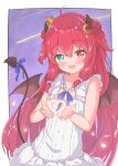  1girl absurdres ahoge bat_hair_ornament crescent crescent_hair_ornament crown demon demon_girl demon_horns demon_tail demon_wings fang hair_ornament heart heterochromia highres horns matcha_november mini_crown nijisanji red_hair shooting_star tail two_side_up virtual_youtuber wings yuzuki_roa yuzuki_roa_(3rd_costume) 