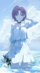  1girl absurdres asakura_toru choker cloud dress eimizzzzz highres idolmaster idolmaster_shiny_colors short_hair sky solo standing suspenders water white_dress 