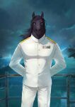 absurd_res anthro black_body black_hair blue_eyes boat bottomwear clothed clothing cloud equid equine front_view hair hi_res horse looking_at_viewer male male_anthro mammal mouth_closed narrowed_eyes outside pants portrait satanic_monkey sky solo standing three-quarter_portrait topwear uniform vehicle water watercraft white_bottomwear white_clothing white_pants white_topwear