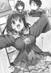  1boy 1girl ahoge arms_up bread breasts bursting_breasts buta_koushaku chibi closed_mouth cowboy_shot eating food fork greyscale hair_between_eyes hair_ornament hairpin hood hood_down hooded_robe huge_breasts jitome long_sleeves monochrome nauribon open_hand open_mouth outstretched_arms palms ponytail robe school_uniform short_ponytail sitting skirt slow_denning smile spoon standing tearing_up tears tented_shirt thighs tina_(buta_koushaku) 