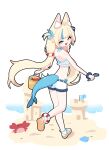  1girl absurdres animal_ear_fluff animal_ears blonde_hair blue_eyes bucket cat_ears commentary crab fins fish_girl fish_tail full_body highres indie_virtual_youtuber kaniki_(sameko_saba) koora_aisu lifebuoy_hair_ornament long_hair low_twintails open_mouth sameko_saba sand_castle sand_sculpture short_shorts shorts solo standing standing_on_one_leg swimsuit symbol-only_commentary tail twintails virtual_youtuber white_shorts 