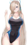  1girl absurdres asuna_(blue_archive) bare_shoulders beisaku_bei black_one-piece_swimsuit blonde_hair blue_archive blue_eyes blue_halo blue_one-piece_swimsuit breasts cleavage collarbone covered_navel groin hair_over_one_eye hair_ribbon halo highleg highleg_one-piece_swimsuit highres large_breasts long_hair looking_at_viewer mole mole_on_breast one-piece_swimsuit ribbon smile solo swimsuit thighs two-tone_swimsuit very_long_hair waving_arms 