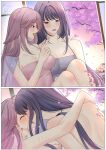  2girls absurdres arms_around_neck blush breasts chocko_poc cleavage closed_eyes closed_mouth commentary falling_petals genshin_impact hand_on_another&#039;s_neck hand_on_another&#039;s_shoulder hickey highres kiss large_breasts long_hair mouth_hold multiple_girls petals pink_hair purple_eyes purple_hair purple_nails raiden_shogun scratches shouji sitting sliding_doors smile symbol-only_commentary tree yae_miko yuri 