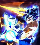  1boy absurdres arm_blade aura blue_eyes blue_hair blue_pants commission cowboy_shot dragon_ball dragon_ball_super earrings electricity energy_ball energy_sword funnismonkis glint gloves highres jewelry male_focus medium_hair muscular muscular_male pants potara_earrings solo spiked_hair super_saiyan super_saiyan_blue sword topless_male vegetto weapon white_gloves 