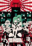  2girls bell candle commentary_request dual_persona green_eyes green_hair highres kochiya_sanae long_hair looking_at_viewer multiple_girls open_mouth scared school school_uniform serafuku skirt smile sunburst surreal torii touhou yamada_satoshi 