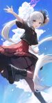 1girl :d absurdres ass black_boots blue_archive blue_sky boots cloud commentary day halo highres jianjia long_hair looking_at_viewer mutsuki_(blue_archive) open_mouth outdoors pink_eyes pink_halo side_ponytail sky smile solo thigh_strap very_long_hair white_hair 