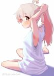  1girl ahoge armpits arms_up artist_name bare_arms bare_legs barefoot brown_eyes colored_inner_hair commentary from_side full_body grey_hair happyundergate highres long_hair looking_at_viewer multicolored_hair no_pants onii-chan_wa_oshimai! oversized_clothes oversized_shirt oyama_mahiro ponytail shirt simple_background sitting solo twitter_username two-tone_hair tying_hair up_sleeve white_background white_shirt yokozuwari 