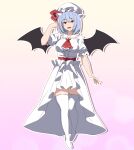  1girl adapted_costume aged_up ascot bat_wings blue_hair boots breasts center_frills collared_shirt commentary_request frilled_shirt_collar frills full_body hat hat_ribbon high-low_skirt highres looking_at_viewer medium_breasts medium_hair mob_cap open_mouth outline puffy_short_sleeves puffy_sleeves red_ascot red_eyes remilia_scarlet ribbon shirt short_sleeves skirt smile solo thigh_boots touhou to~fuya white_boots white_hat white_outline white_shirt white_skirt wings zettai_ryouiki 