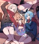  3girls absurdres aqua_eyes arm_at_side arm_up asymmetrical_bangs backpack bag bare_legs black_bow black_coat black_hairband black_shoes black_socks blonde_hair blue_coat blue_hair blue_panties blue_skirt blunt_ends blush bow bow_hairband bow_panties braid braided_bangs bright_pupils brown_coat brown_sweater cameltoe closed_mouth clothes_lift coat commentary_request crotch_seam day diagonal-striped_bow duffel_coat eyes_visible_through_hair feet_out_of_frame foot_out_of_frame from_above green_eyes grey_panties grey_skirt hair_bow hair_over_one_eye hairband highres indoors knee_up light_smile loafers long_bangs long_hair long_sidelocks long_sleeves looking_at_viewer low-tied_sidelocks lying multicolored_hair multiple_girls on_back on_floor open_mouth orange_eyes original panties pantyshot parted_lips peacoat pink_hair pink_panties plaid_clothes plaid_skirt pleated_skirt polka_dot polka_dot_bow polka_dot_panties purple_hair purple_pupils red_scarf scarf school_bag school_uniform shoes side_braid sidelocks skirt skirt_lift smile socks striped_clothes striped_panties sunlight sweater teeth tile_floor tiles underwear upper_teeth_only urushiushiru variant_set white_pupils white_socks window_shadow 