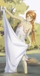  1girl absurdres arm_up armpit_crease armpits bed_sheet body_freckles braid breasts collarbone commentary day dress english_commentary forest freckles full_body grin hair_ornament hair_scrunchie happy highres iskanderednaksi laundry long_hair nature navel nipples no_bra orange_eyes orange_hair original outdoors outstretched_arm pink_scrunchie river rock scrunchie see-through_clothes see-through_dress shore single_braid sleeveless sleeveless_dress small_breasts smile solo standing strap_slip tied_dress wading water wet wet_clothes wet_dress white_dress zenra 