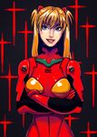  bangs black_background blue_eyes bodysuit bracer cross crossed_arms crystal_graziano gloves grin hair_ornament lips lipstick long_hair looking_to_the_side makeup neon_genesis_evangelion number orange_hair pilot_suit plugsuit red_lipstick slender_waist smile solo souryuu_asuka_langley turtleneck two_side_up upper_body 