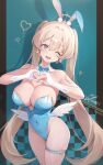  1girl ;d absurdres aqua_background bare_shoulders blonde_hair blue_eyes blue_leotard breasts checkered_background cleavage covered_navel cowboy_shot feathered_wings gloves hair_ornament heart heart_hands heart_o-ring highleg highleg_leotard highres large_breasts leotard long_hair looking_at_viewer low_wings o-ring o-ring_thigh_strap one_eye_closed open_mouth original skindentation smile solo strapless strapless_leotard thigh_strap thighs ttosom twintails white_gloves white_wings wings 