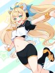  1girl :d absurdres animal_ears black_bra black_sailor_collar black_shorts black_socks blonde_hair blush bra cat_ears character_request crop_top fake_animal_ears floating_hair green_eyes headphones highres kneehighs leg_up long_hair megami_device miniskirt navel neckerchief orange_neckerchief orange_shoes orange_trim outstretched_arms sailor_collar shoes short_shorts short_sleeves shorts signature skirt smile soanote socks solo sports_bra stomach underwear very_long_hair 