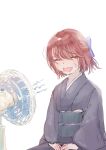  absurdres blue_bow blush bow closed_eyes hair_bow highres japanese_clothes kdoamber kimono kohaku_(tsukihime) open_mouth red_hair sweat sweatdrop tsukihime tsukihime_(remake) 