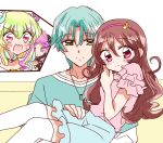  1boy 3girls bare_arms biwako_(biwa27) black_hair blonde_hair blunt_bangs blush brown_hair carrying choker couch crossover cure_kiss cure_zukyuun curled_ends curled_up curly_hair frills green_eyes green_hair hair_extensions hair_ornament headband hibiki_kaito highres jewelry kimi_to_idol_precure kneehighs long_hair long_sleeves looking_at_viewer mature_male meroron_(human_form) multiple_girls musical_note musical_note_hair_ornament necklace oshi_no_ko parody parted_bangs pink_hair pink_shirt precure princess_carry puffy_pants puffy_short_sleeves puffy_sleeves purirun_(human_form) red_eyes sakura_uta_(precure) shirt short_hair short_sleeves sitting sitting_on_lap sitting_on_person socks surprised sweat sweatdrop white_socks wing_hair_ornament 