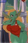 alternate_species big_breasts big_ears blonde_hair breasts clothing disney ear_piercing female goblin hair humanoid humanoid_pointy_ears lifeguard lifeguard_(lilo_and_stitch) lifeguard_swimsuit lilo_and_stitch lips magsama navel one-piece_swimsuit piercing pink_eyes pointy_ears pupils short_stack solo swimwear symbol-shaped_pupils thick_thighs unusual_pupils wide_hips