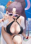  1girl areola_slip beach bikini black_bikini blue_archive blue_sky bracelet breasts cleavage criss-cross_halter earrings eyeliner flower hair_flower hair_ornament halo halterneck high_ponytail highres jewelry large_breasts leaning_forward long_hair looking_at_viewer makeup o-ring official_alternate_costume open_mouth parted_bangs ponytail purple_eyes purple_hair satou_daiji see-through_clothes shirt shore short_sleeves sky smile solo sunglasses swimsuit thigh_strap thighs very_long_hair white_shirt yukari_(blue_archive) yukari_(swimsuit)_(blue_archive) 