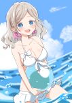  1girl :d absurdres alternate_costume ball bikini bikini_day bikini_skirt blue_eyes blue_sky breasts ceras_yanagida_lilienfeld cleavage cloud collarbone commentary corocoro567 cowboy_shot day frilled_skirt frills grey_hair hair_ribbon highres holding holding_ball large_breasts link!_like!_love_live! love_live! medium_hair ocean open_mouth outdoors pink_ribbon ribbon skirt sky smile solo string_bikini swimsuit virtual_youtuber white_bikini 