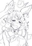  :3 animal_ears bangs bare_shoulders blush bunny_ears cat_ears ear_grab earrings erune ferry_(granblue_fantasy) grabbing granblue_fantasy greyscale hoop_earrings jewelry long_hair monochrome nose_blush open_mouth shimotsuki_eight simple_background single_earring sketch sleeveless solo upper_body wavy_hair wavy_mouth white_background 