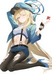  1girl absurdres alternate_costume arm_up black_gloves black_pantyhose blonde_hair blue_archive blue_bow blue_eyes blue_hat blue_jacket blue_shoes blue_skirt blush bow braid closed_mouth cropped_shirt cuffs earpiece finger_gun fingerless_gloves gloves hair_bow handcuffs hat high_heels highres holding holding_handcuffs jacket long_hair looking_at_viewer miniskirt official_alternate_hairstyle one_eye_closed pantyhose peaked_cap shirt shoes skirt solo szai toki_(blue_archive) torn_clothes torn_pantyhose white_shirt 