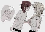  2girls black_shorts blush closed_mouth commentary dolphin_shorts girls_band_cry grabbing_another&#039;s_breast grey_background grey_hair groping guided_breast_grab guiding_hand hashtag-only_commentary highres iseri_nina kawaragi_momoka long_hair looking_at_another maegkaen multiple_girls open_mouth red_hair shirt short_sleeves short_twintails shorts twintails white_shirt yuri 