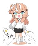  1girl :d animal black_shorts blue_eyes blush_stickers boots brown_hair chibi chinese_clothes colored_shadow commentary earrings fang hair_bun hair_ornament hairclip highres igarashi_rika jewelry long_hair long_sleeves looking_at_viewer multicolored_hair nijisanji nozo_(hitomiz) one_side_up seal_(animal) shadow shirt shorts simple_background single_side_bun smile solo star_(symbol) streaked_hair virtual_youtuber walking white_background white_boots white_hair white_shirt 