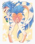 anthro blue_body blue_hair blue_skin blue_stripes blush bust_portrait butt claws confident dark_sclera digital_media_(artwork) dinosaur fangs feather_hair feathered_dinosaur feathered_scalie feathers female flirting fur hair hi_res horn long_tongue looking_at_viewer looking_back looking_back_at_viewer markings nude open_mouth orange_body orange_scales portrait pose prehistoric_species presenting presenting_hindquarters presenting_vulva pseudo_hair rear_view reptile scales scalie seductive sharp_teeth smile smirk solo spread_legs spread_vulva spreading stripes tail teeth tongue tongue_out veliar vulva white_body white_fur white_markings yellow_eyes
