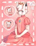 2025 anthro blue_eyes blush canid clothed clothing cosplay covering covering_mouth crossdressing crown digital_media_(artwork) dress fir_(youtuber) fur headgear heart_eyes heart_symbol hi_res jsunnyart looking_at_viewer male mammal mario_bros nintendo one_eye_closed pink_background pink_clothing pink_dress princess_peach simple_background sitting smile solo white_body white_fur wink winking_at_viewer